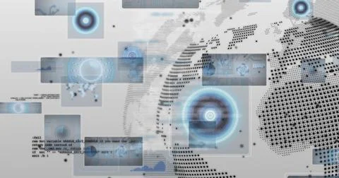 Floating panels in virtual interface, displaying HUD circles, code snippets and Stock Illustration