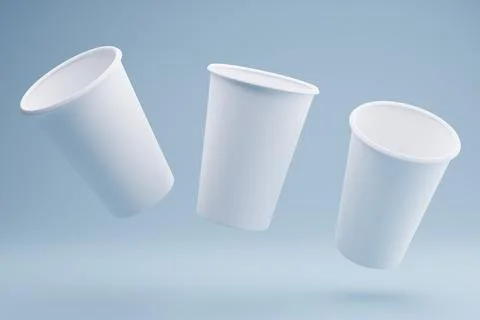 Floating paper cups mockup, studio shot, blue background, design template 스톡 일러스트