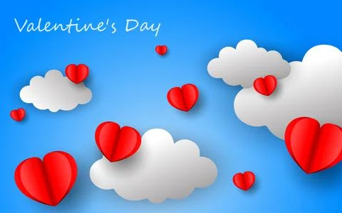 Floating paper hearts on clouds background for valentines day 库存插图