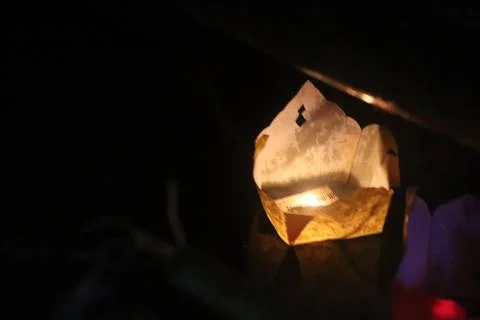 Floating Paper Lantern with Candlelight 스톡 사진