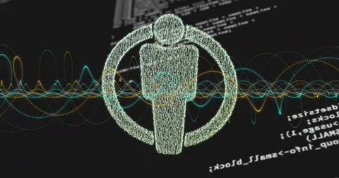 Floating particle avatar hovering in data interface, showing ring, cyan or amber Stock Illustration