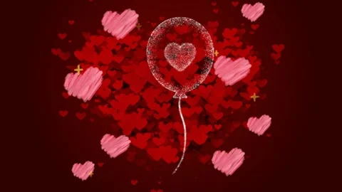 Floating particle balloon with heart patterns on deep red background for Stock Footage 338992013