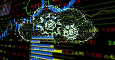 Floating particle cloud with two gear icons hovering over dark trading dashbo Stock Illustration