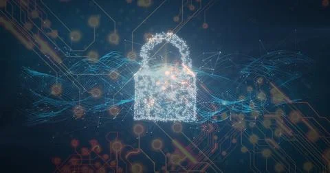 Floating particle padlock icon in network space, with blue data waves and orange Stock Photos