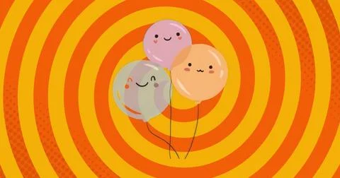Floating pastel balloons with faces on black strings drifting over alternating Illustrazione stock