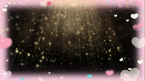 Floating pastel hearts frame with shimmering golden particles and radiant light Video stock 343812840