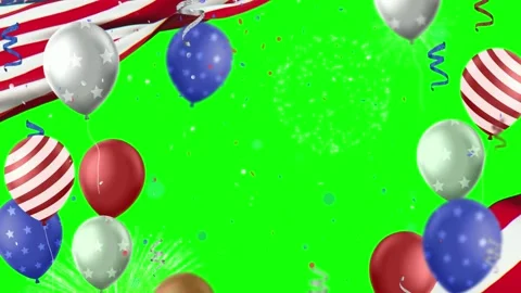 Floating Patriotic Balloons with Red White and Blue Confetti on a Bright Green Видео 338316574