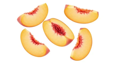Floating peach slices isolated on white Stock Footage 339340730