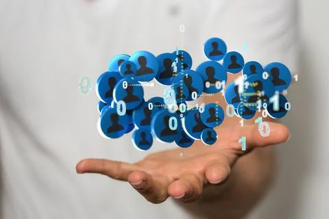 Floating people icons  and binary code over a hand - a concept of networking, Stock Photos