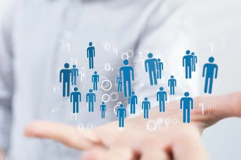Floating people icons and binary code over a hand - a concept of networking, HR, Stock Photos