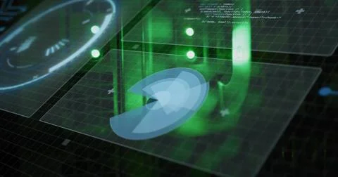 Floating pie chart occupying center of data grid, with green light beams and Stockfoto's