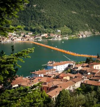 Floating Piers Sulzano high angle square view Stock Photos