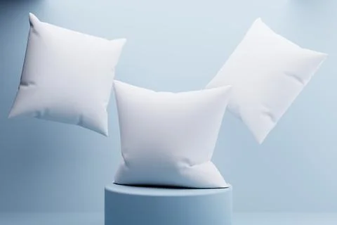 Floating pillows, blue backdrop, studio, mockup Stock Illustration