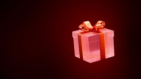 Floating Pink Crystal Gift Box, Gold Ribbon Bow on Dark Red, Animated Present Stock Footage 346417861