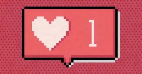Floating pixel-art speech bubble over red halftone background, with white heart Illustrazione stock