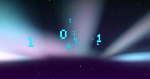 Floating pixelated cyan binary numerals drifting above purple horizon, with 스톡 일러스트