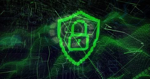 Floating pixelated green shield rotating above virtual grid, with padlock icon Stock Photos