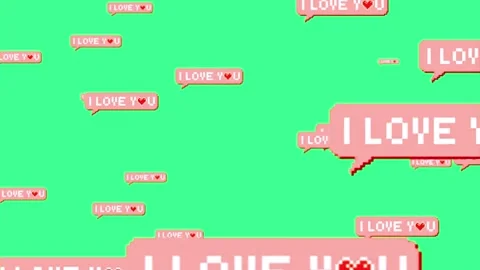 Floating pixelated love message speech bubbles rising against a bright neon Stock Footage 345135393
