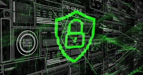 Floating pixelated shield with padlock icon in virtual network with code pane 스톡 사진