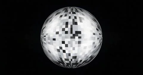 Floating pixelated sphere hovering in dark void, tiled in black white and gre 스톡 일러스트