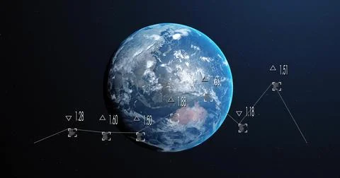 Floating Planet Earth rotating in space, with clouds, limb glow, overlay markers Stock Illustration