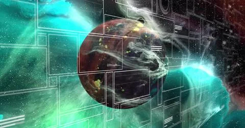 Floating planet-like sphere showing swirling amid nebula clouds, with Stock Illustration