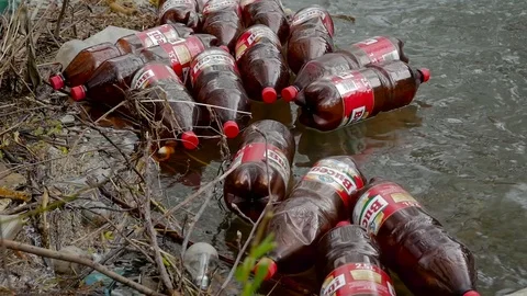 Floating plastic beer bottles Stock Footage 106798712