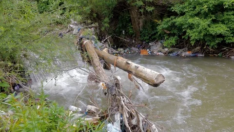 Floating plastic bottles in the small river Stock Footage 89994375