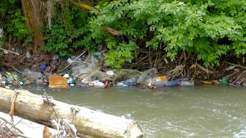 Floating plastic bottles in the small river Stock Footage 89994381
