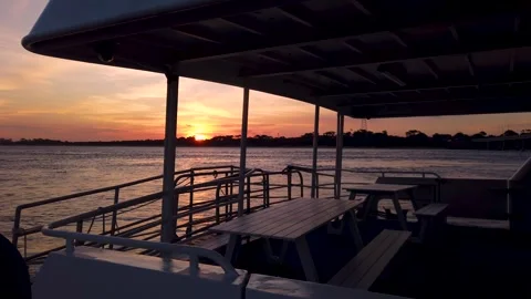 A floating platform or a viewing deck on a cruise ship with picnic tables Vídeos de archivo 274461466
