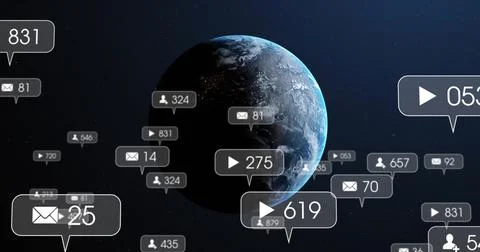 Floating play-button, envelope and user icons orbiting 3D planet Earth in space, Illustrazione stock