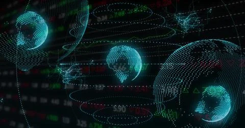 Floating point-cloud globe rotating above holographic dashboard, with ticker Illustrazione stock