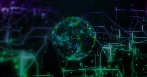 Floating polygonal digital sphere in data grid, glowing circuit lines, network Ilustração Stock