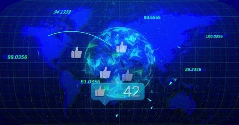 Floating polygonal globe connecting thumbs-up icons and bubble showing 42 on Illustrazione stock