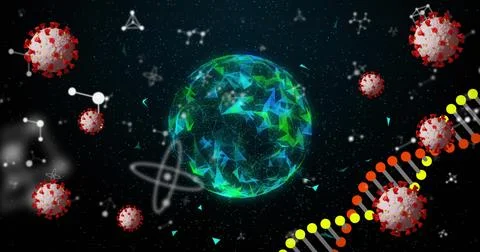 Floating polygonal globe glowing in dark digital space, with coronavirus Illustrazione stock