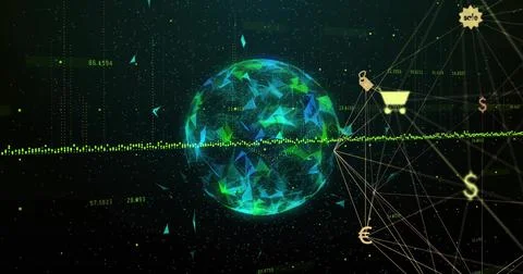 Floating polygonal globe streaming green data points in virtual network, with Stock Illustration