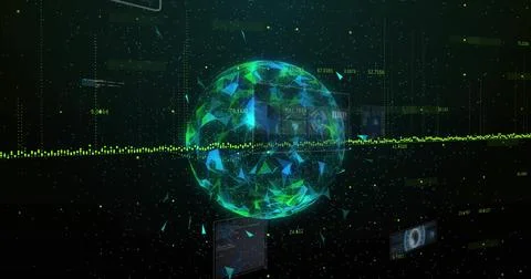 Floating polygonal sphere rotating in cyberspace, with neon waveform, data Stock Illustration