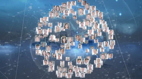 Floating portrait tiles merging into rotating 3D sphere in tech network showing Stock-Footage 312916005