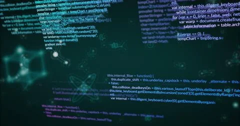 Floating programming code and network diagrams populating virtual data space, Stock Photos