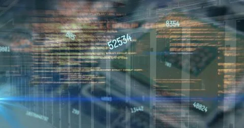 Floating programming code lines with glowing numeric readouts overlaying server Stockfoto's