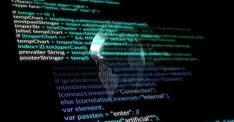 Floating programming code lines surrounding glowing wireframe globe in virtual イラスト素材