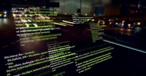 Floating programming code text drifting across multi-lane highway at night, with Stock Photos