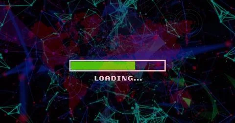 Floating progress bar showing green fill pixel LOADING on screen with world map Illustrazione stock