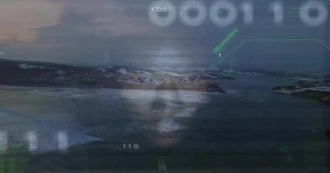 Floating projected male face hovering over arctic coast, with binary code and Stockfoto's