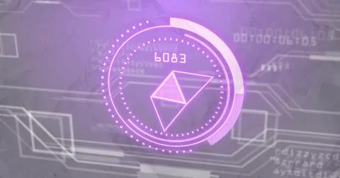 Floating purple circular HUD centered on virtual PCB, showing wireframe prism, Illustration