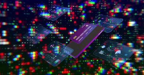Floating purple smartphone displaying virtual credit-card and holographic UIs in Stock Illustration