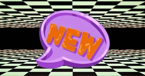 Floating purple speech bubble showing orange NEW text in surreal grid room wi 스톡 일러스트