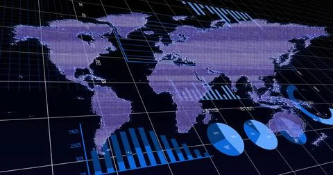 Floating purple world map over dashboard, with grid and scale lines, blue Stock Illustration