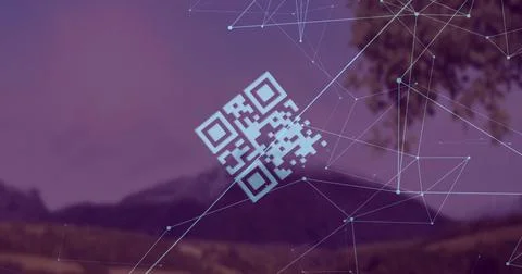 Floating QR code graphic hovering above mountain meadow, with light blue digital 库存插图