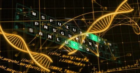 Floating random-letter keyboard grid hovering in data network with DNA helix and Foto stock
